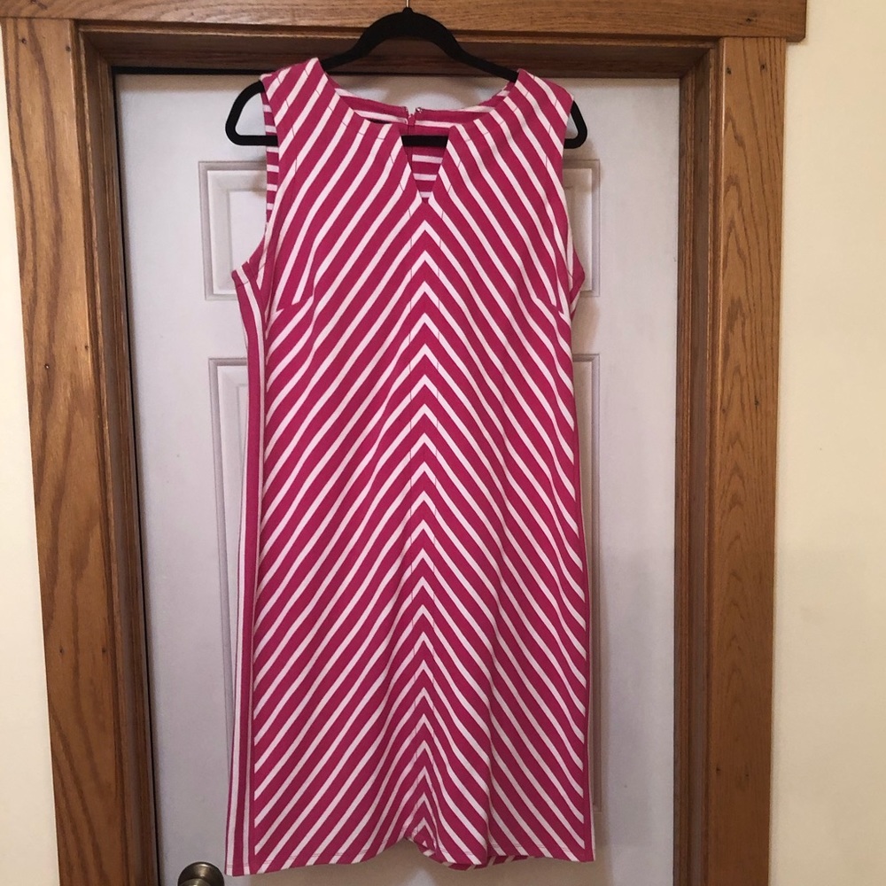 Talbots sleeveless dress, fushia pink with white stripes. Large.
